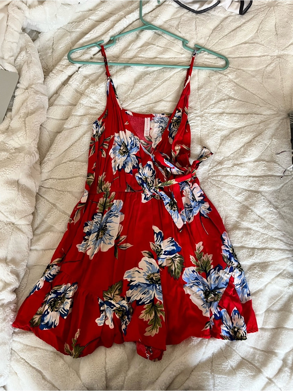 Xhilaration Red Floral Mini Dress with Blue & White Accents